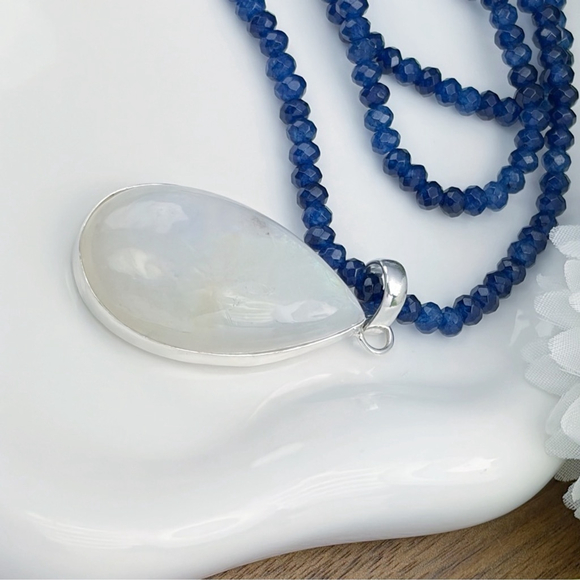 Large Pure Sterling Silver 925 Rainbow Moonstone Pendant Necklace Boho New - Picture 5 of 10